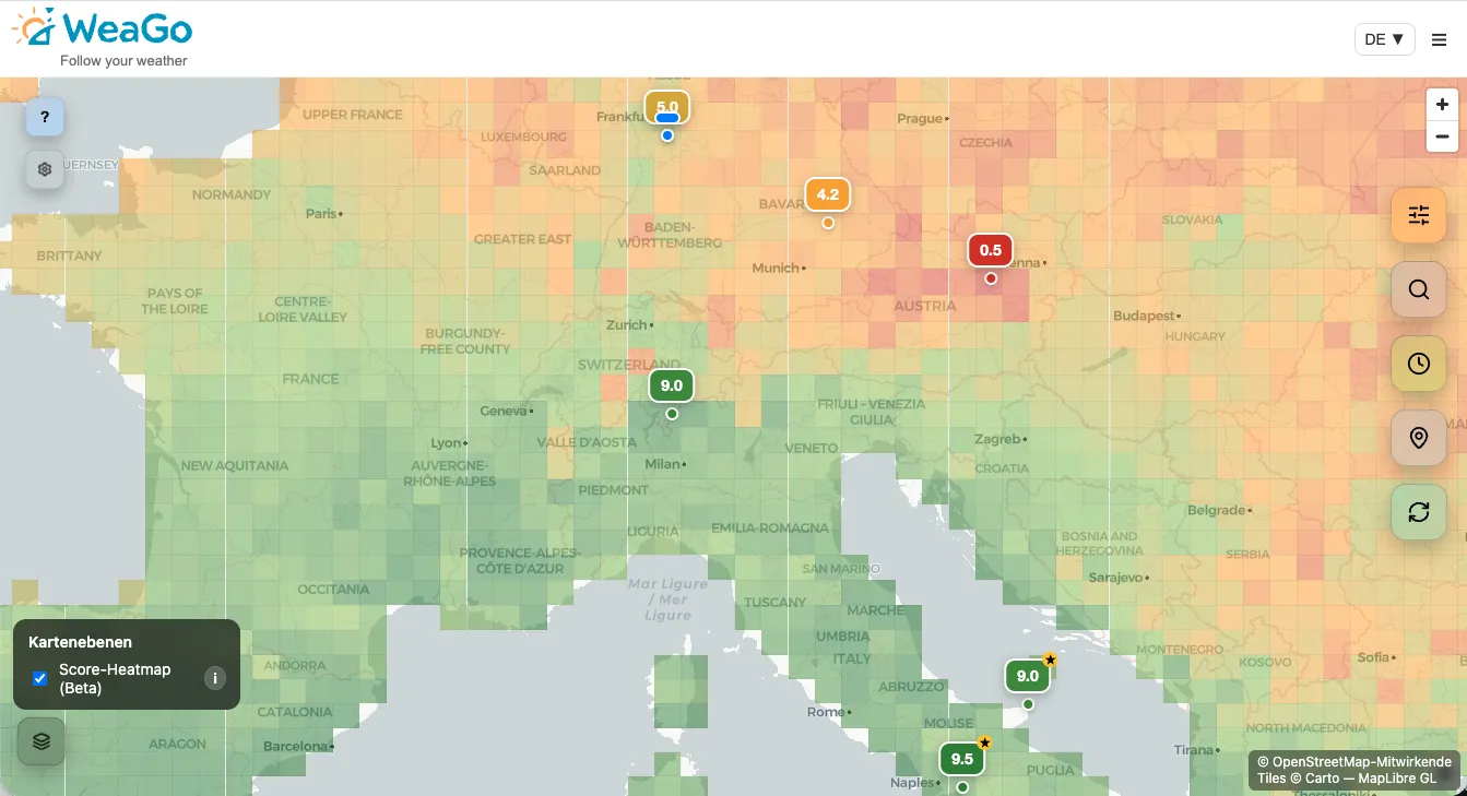 WeaGo Heatmap – Wunschwetter auf der Karte