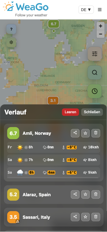 WeaGo Detailansicht mit Wetterbewertung